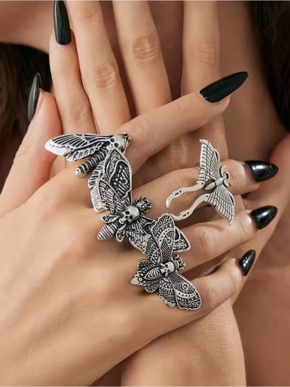 Silver Moth & Skull Multi-Finger Ring